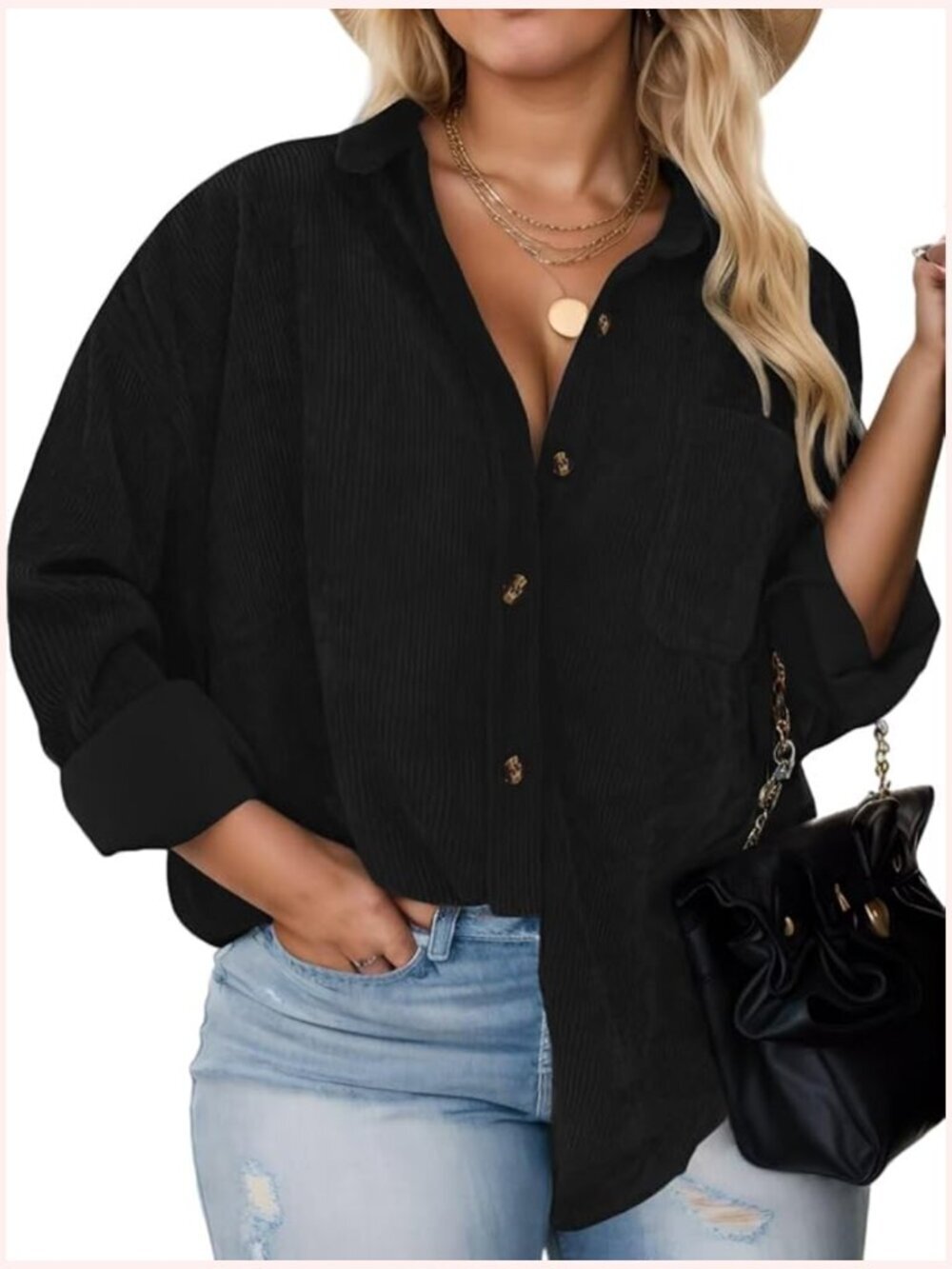 Plus Size Corduroy Button Down Shacket for Women